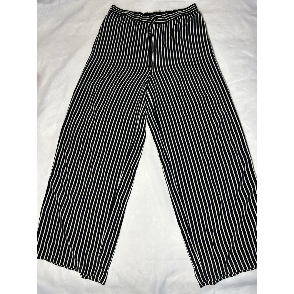 Vintage Saks Fifth Ave Women’s 100% Silk Palazzo Pants Size P Black Striped Draw